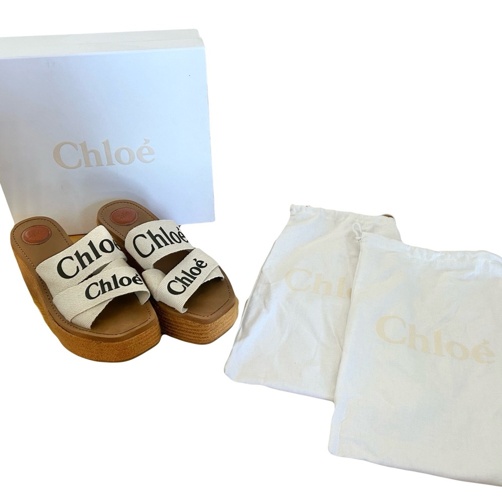 Chloé Woody Logo Espadrille Platform Slide Sandal with box and dust bags